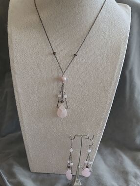 Rose Quartz Teardrop Pendant Silver Necklace and Earrings Boxed Set